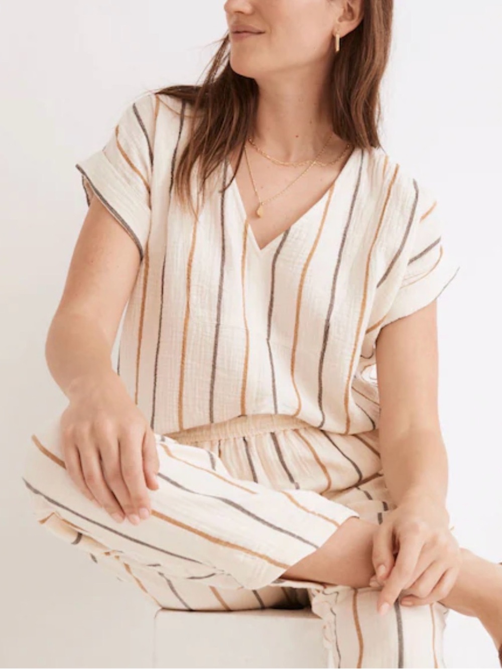 Madewell Lightspun Westing Cream Striped Cotton V‑Neck Short Sleeve Top Size XS